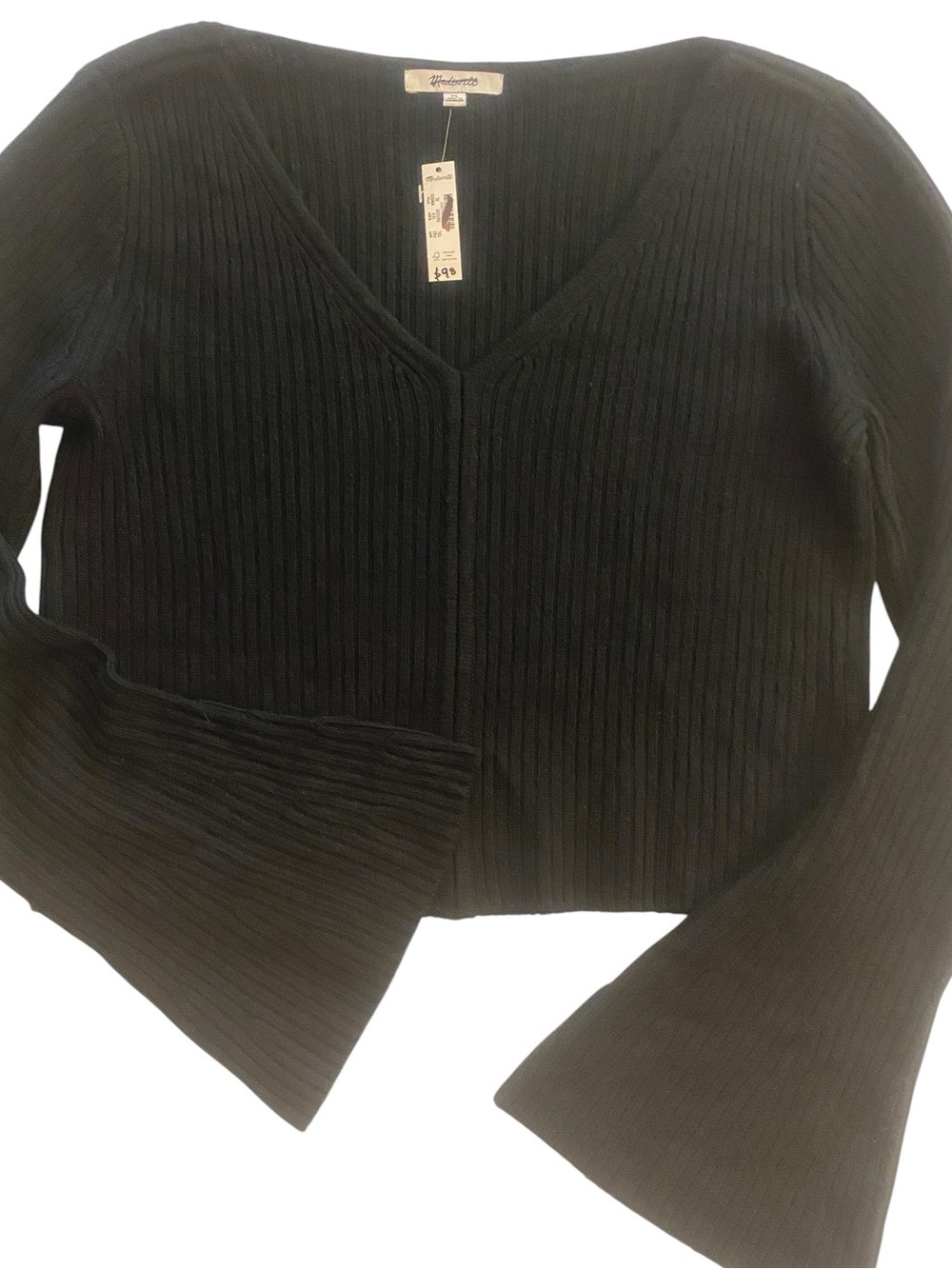 Madewell Women’s Black Ribbed V Neck Crop Merino Wool Sweater New XL
